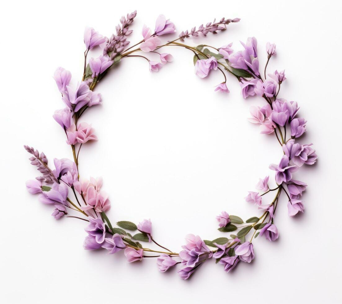 AI generated round frame with flowers and leaves on white background photo