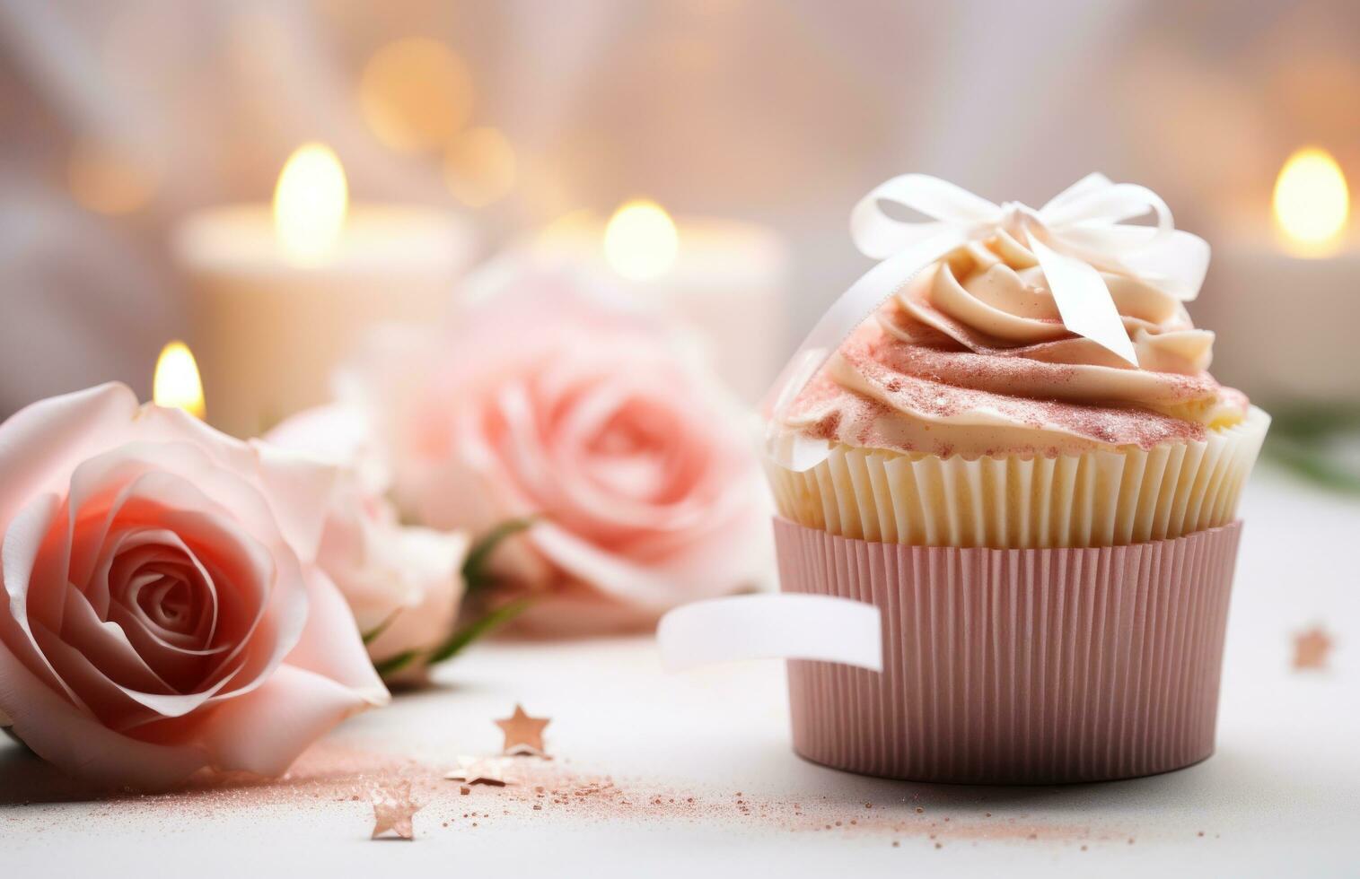 AI generated cupcake on a wooden table next to gifts and pink flowers photo