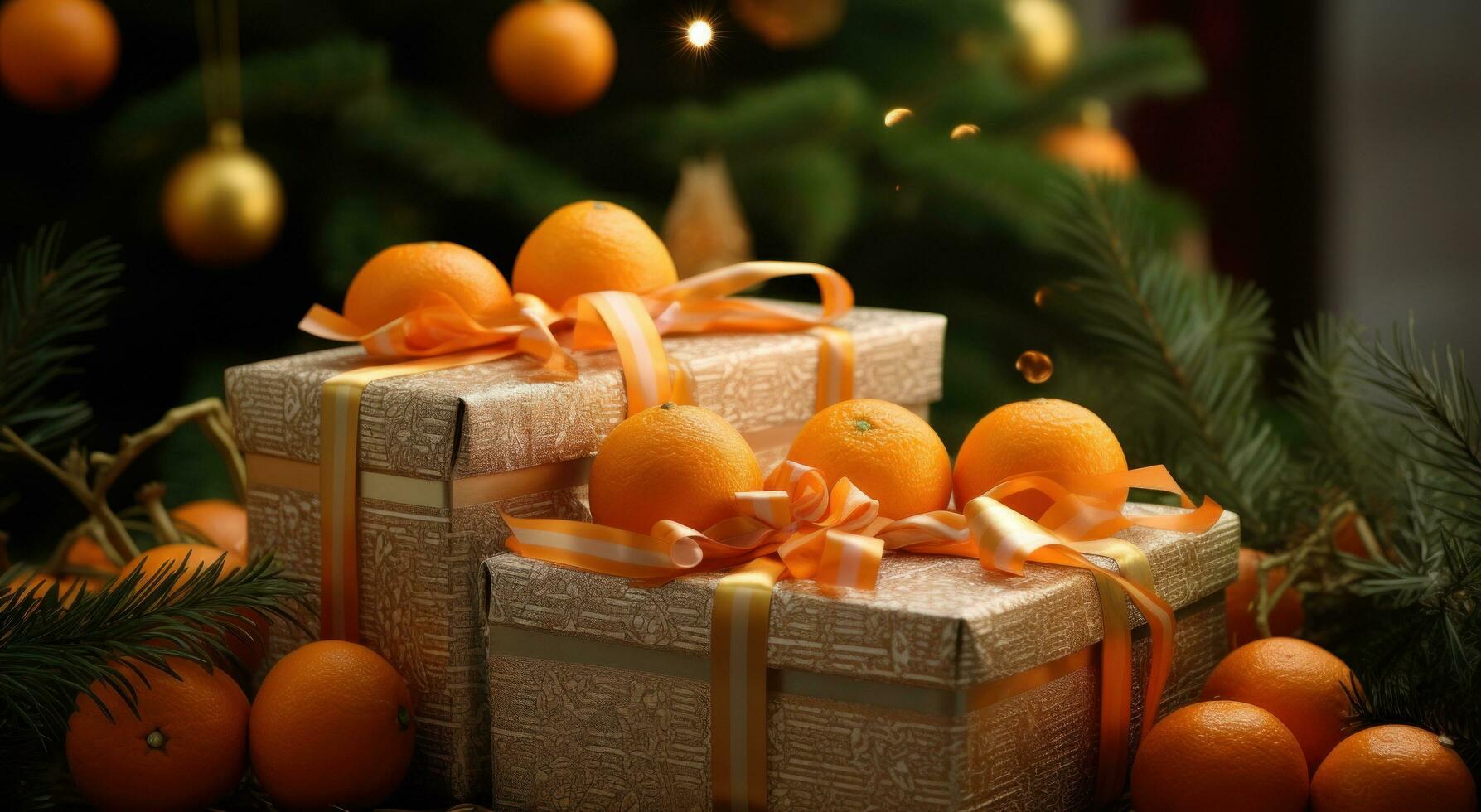 AI generated tinsel trees, presents, a few oranges photo