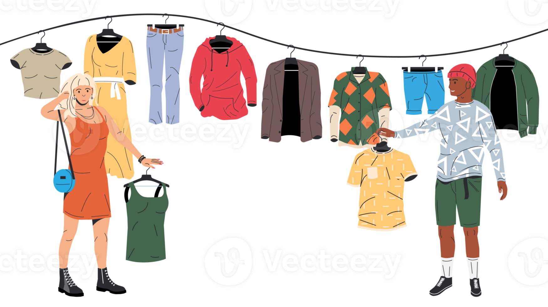 Man and woman near rack with clothes png