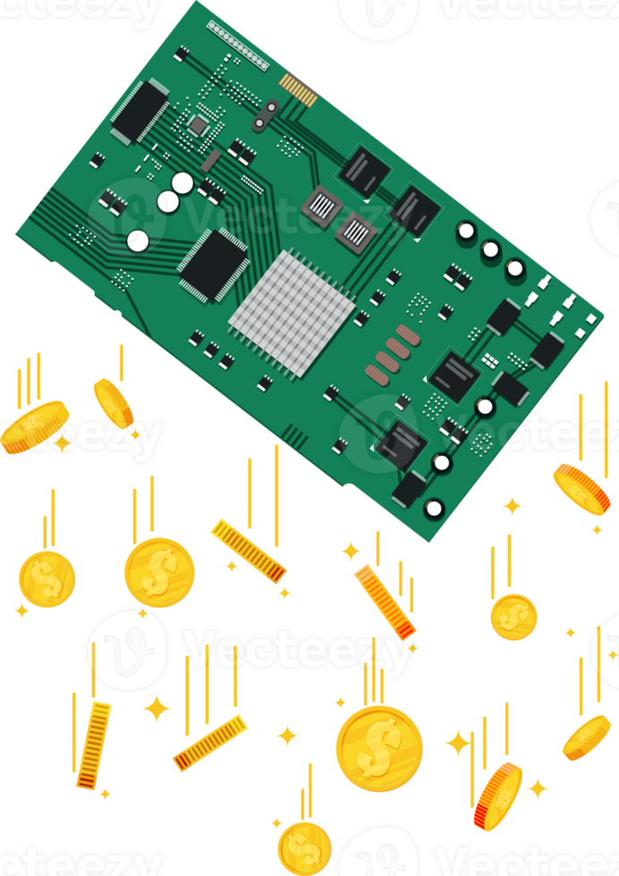 Computer CPU Chip and Golden Dollar Coins. png