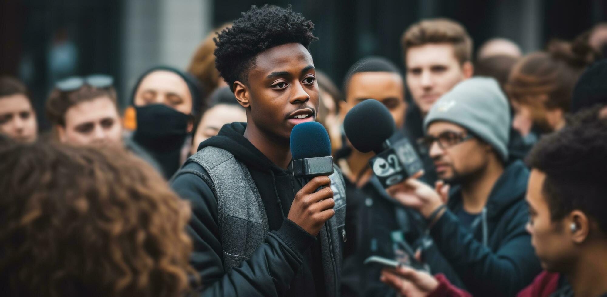 AI generated a young black man with microphones talking to a crowd photo