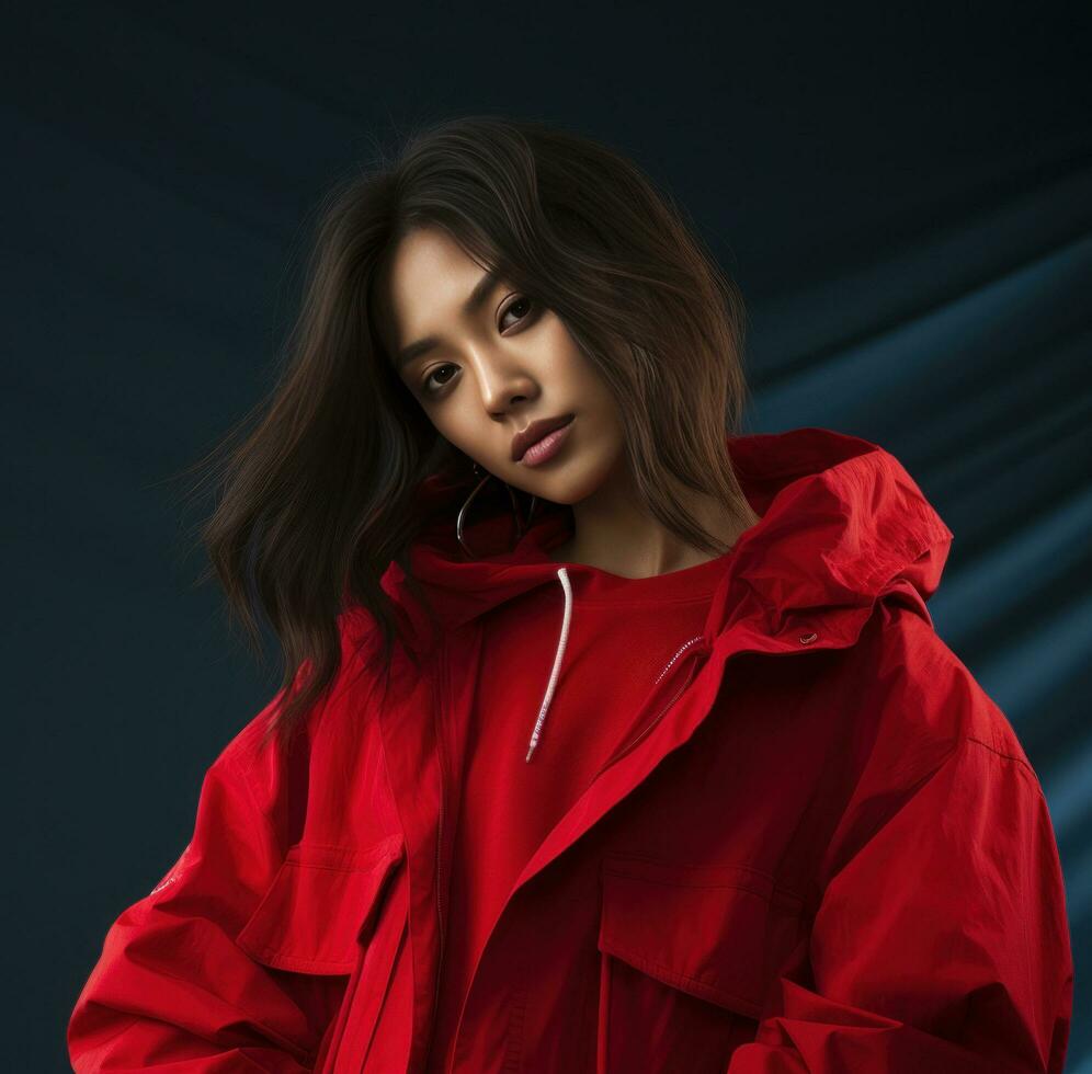 AI generated a young asian woman with a red jacket posing on a red background photo