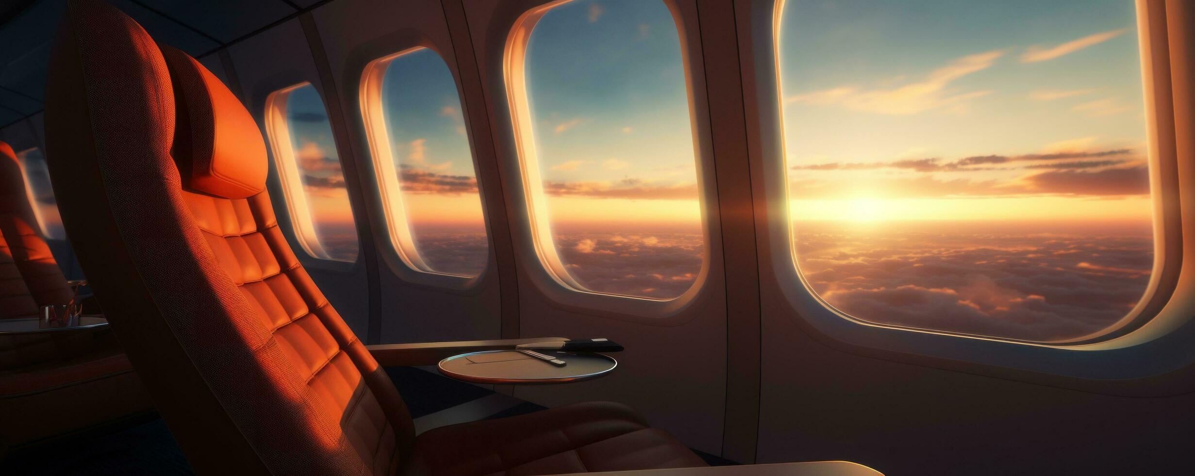 AI generated an airplane seat with windows at sunset photo