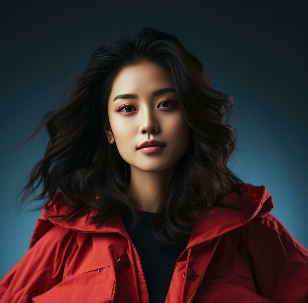 AI generated an asian woman in a red jacket is posing for a photo