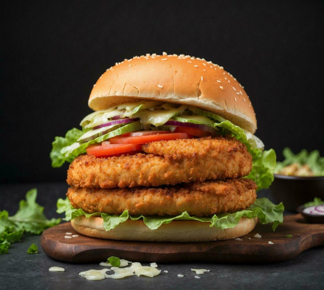 AI generated Homemade hamburger with chicken nuggets and fresh vegetables on dark background photo