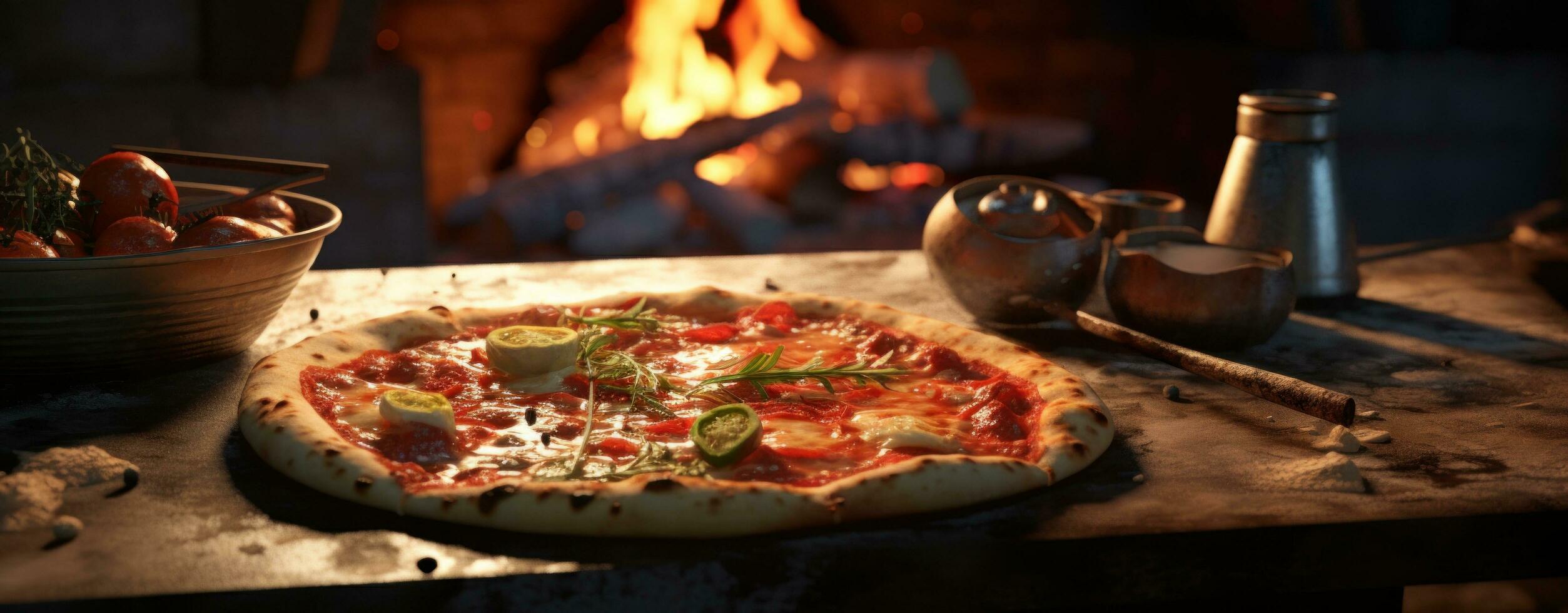 ai generado un Pizza es siendo cocido en el calor foto