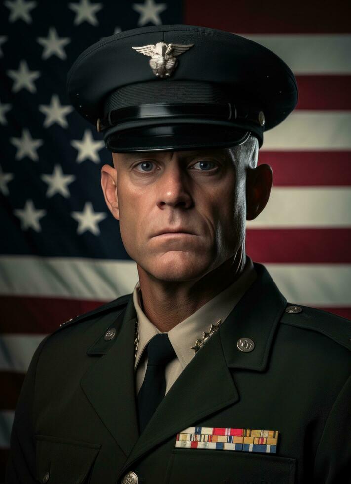 AI generated a man in military fashion in front of an american flag photo