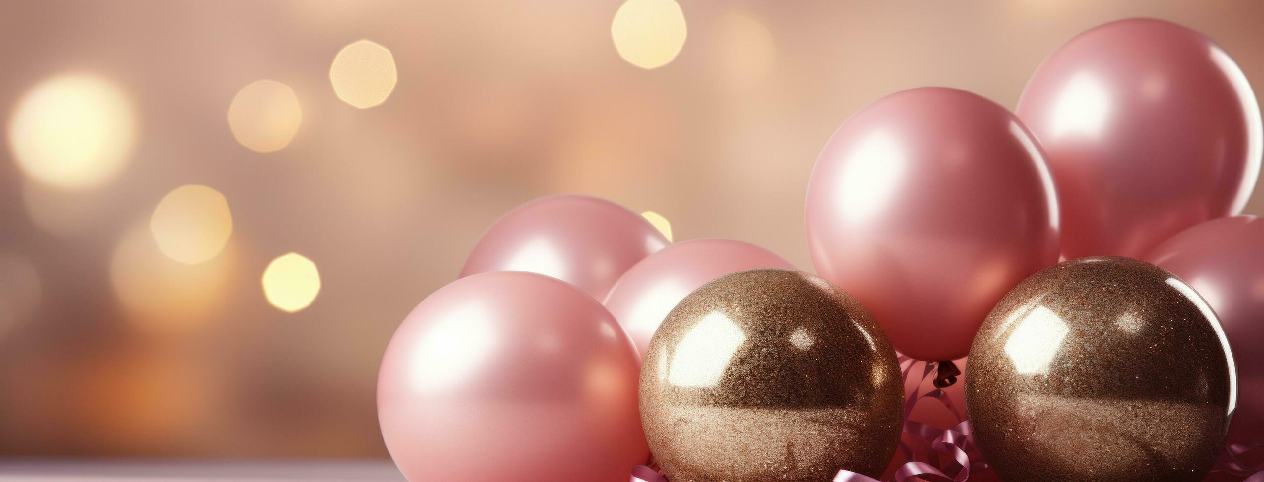 AI generated a pink and gold balloons over a glowing pink background photo