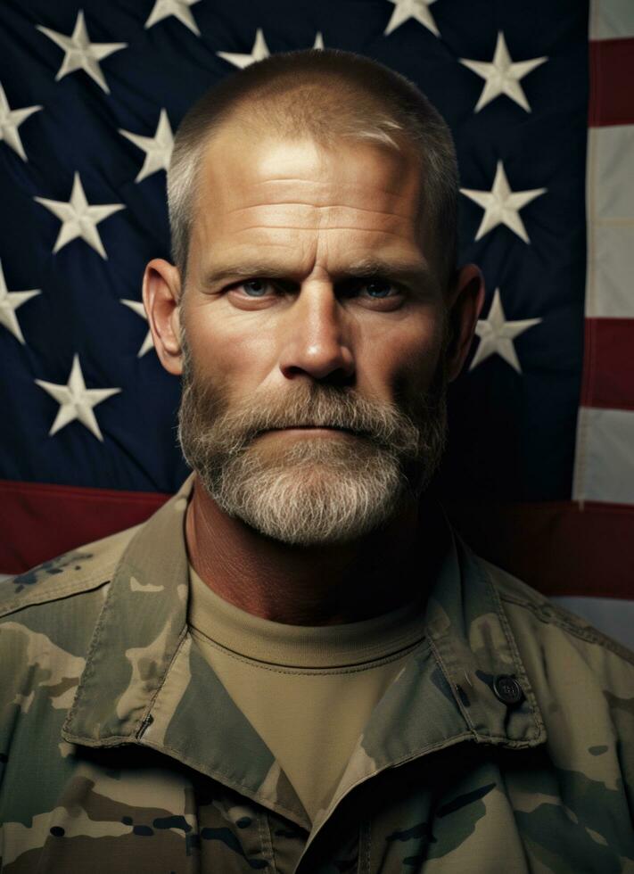 AI generated a man in military fashion in front of an american flag photo