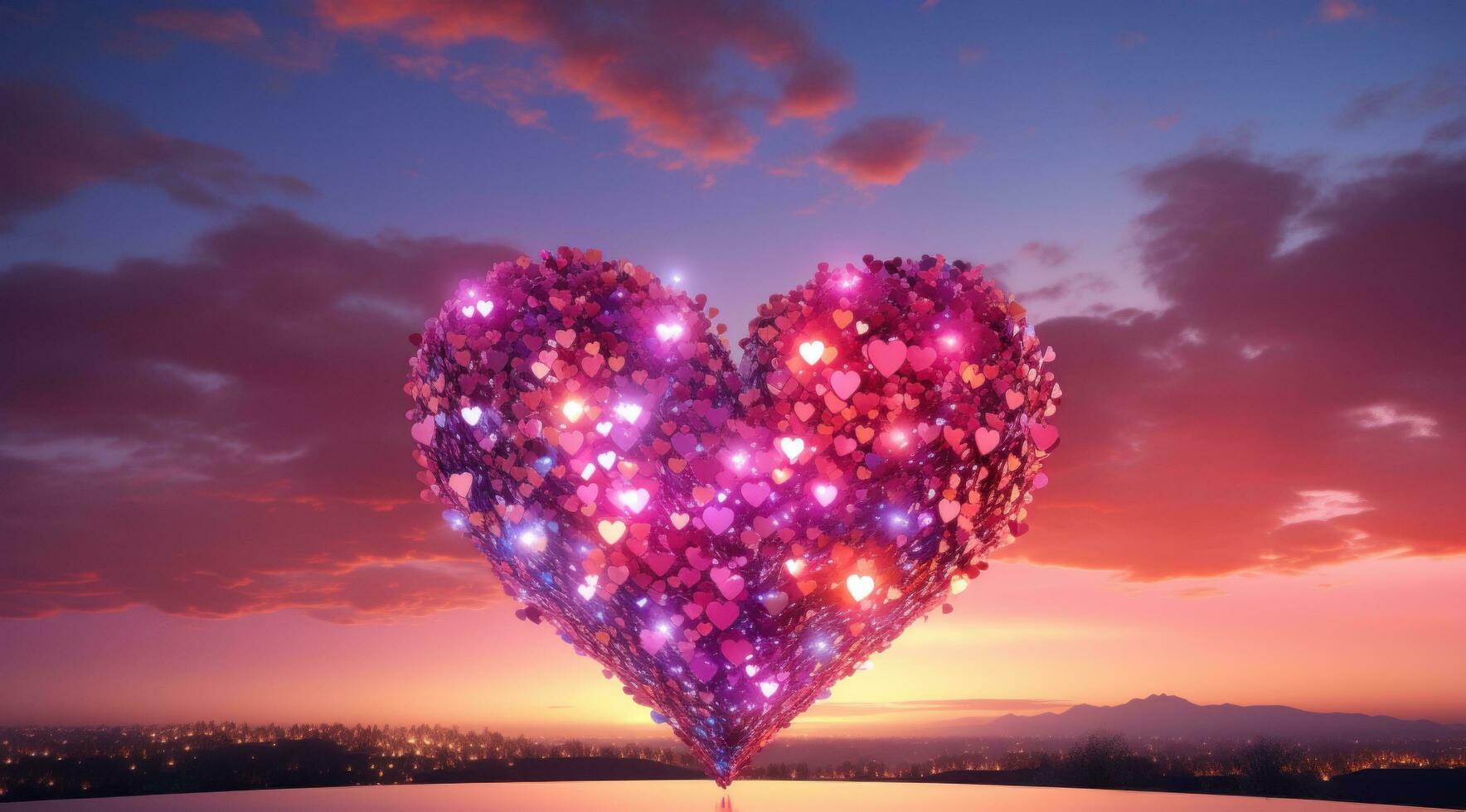 AI generated a heart shaped cloud made of colorful hearts at sunrise photo