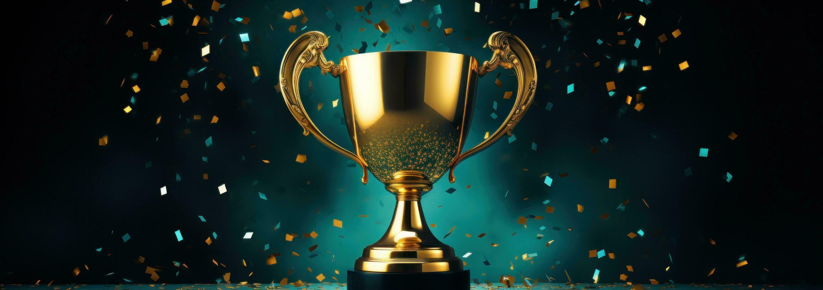 AI generated a golden trophy on a dark background with confetti photo