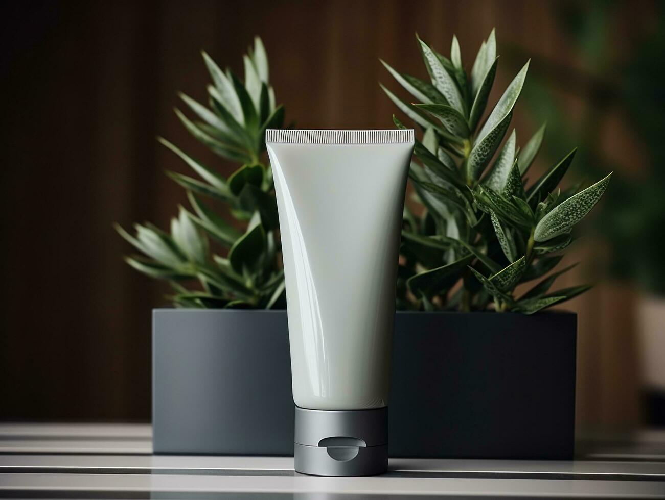 AI generated a face cream tube standing on top of a plant photo