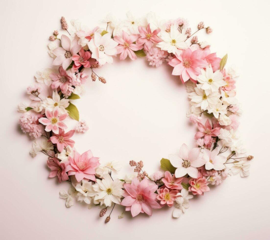 AI generated a frame covered in pink and white flowers photo