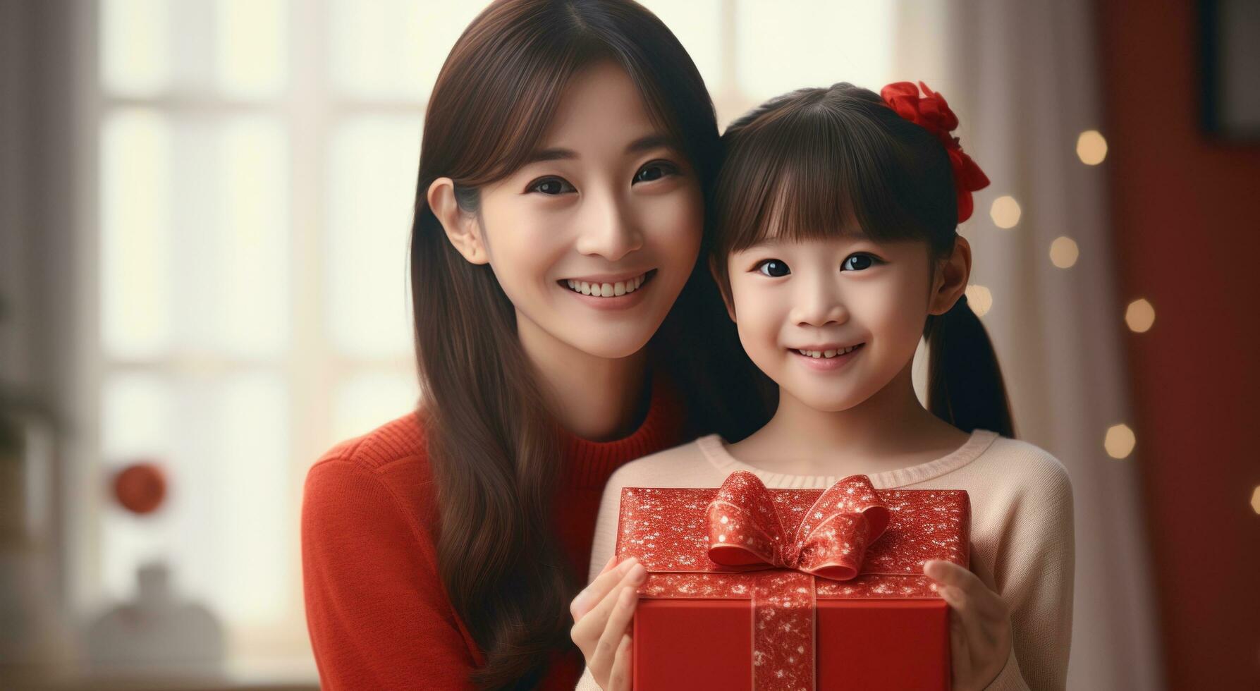 AI generated a girl holds a red present next to her mother photo