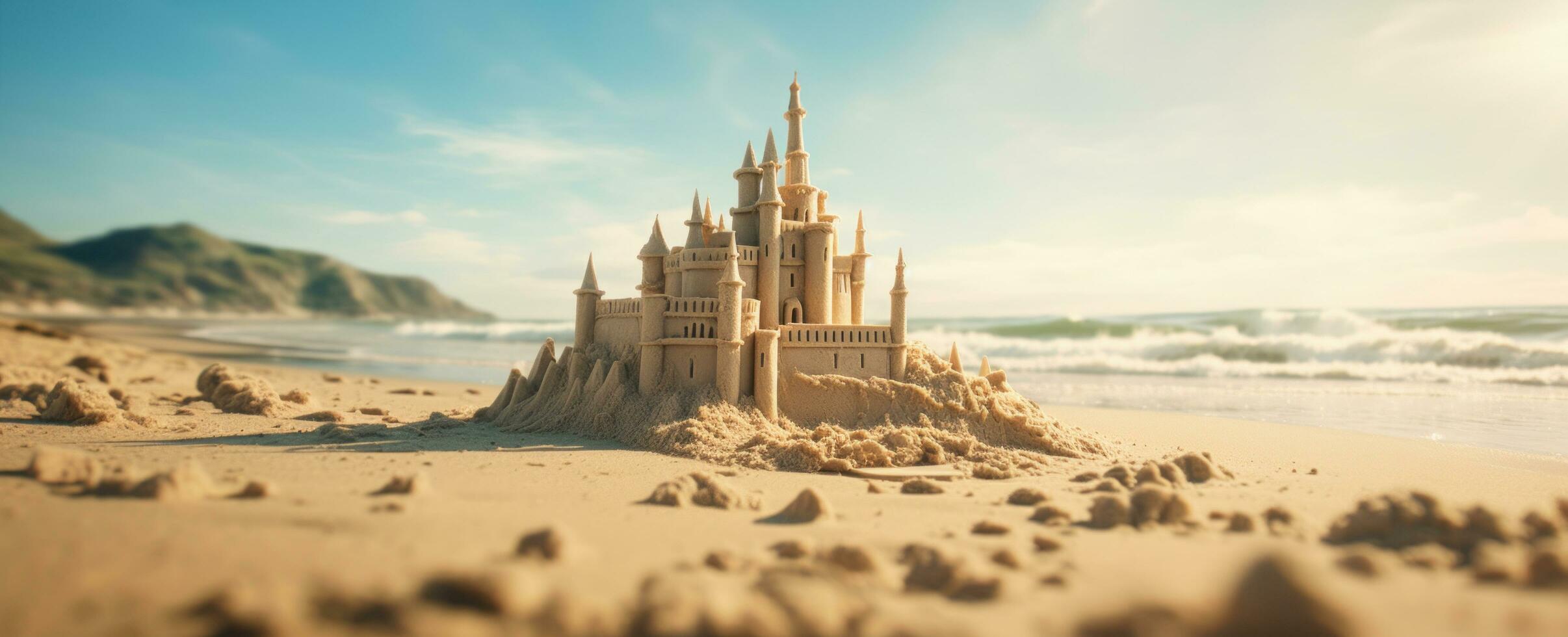 ai generado un castillo hecho de arena en el playa foto