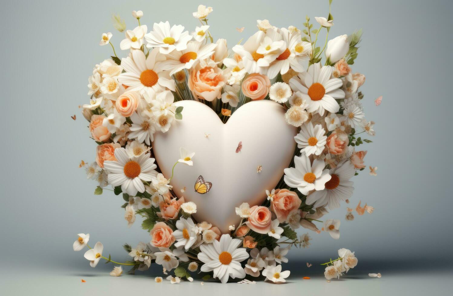 AI generated a big white heart with flowers surrounding it photo