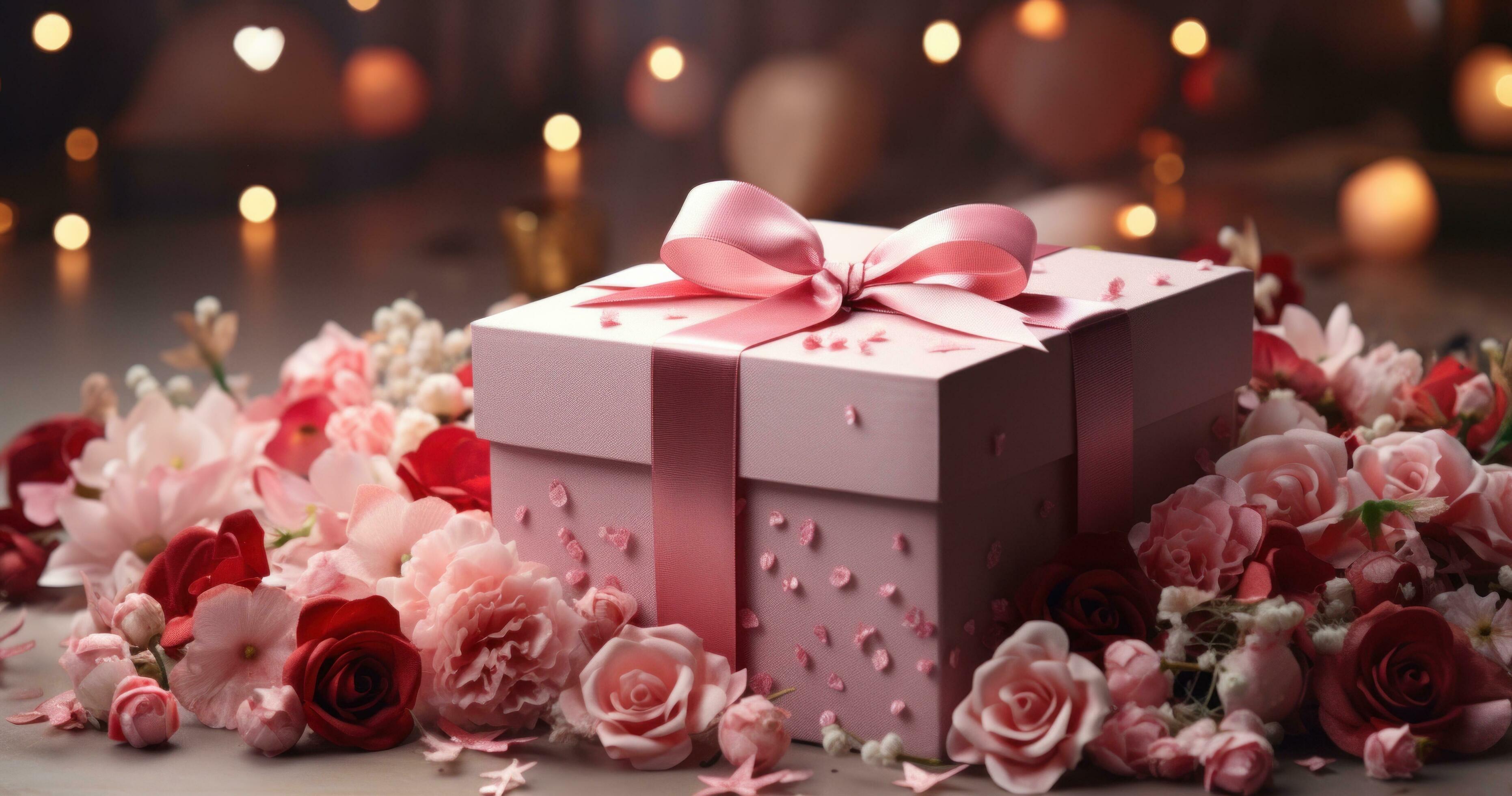 AI generated a big red flowery present box surrounded by hearts on a ...