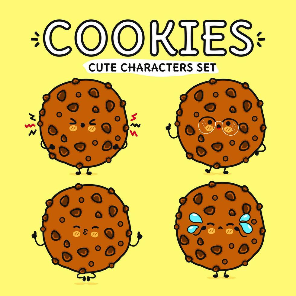 Funny cute happy Chocolate cookies characters bundle set. Vector hand drawn doodle style cartoon character. Isolated on yellow background. Chocolate cookies character collection