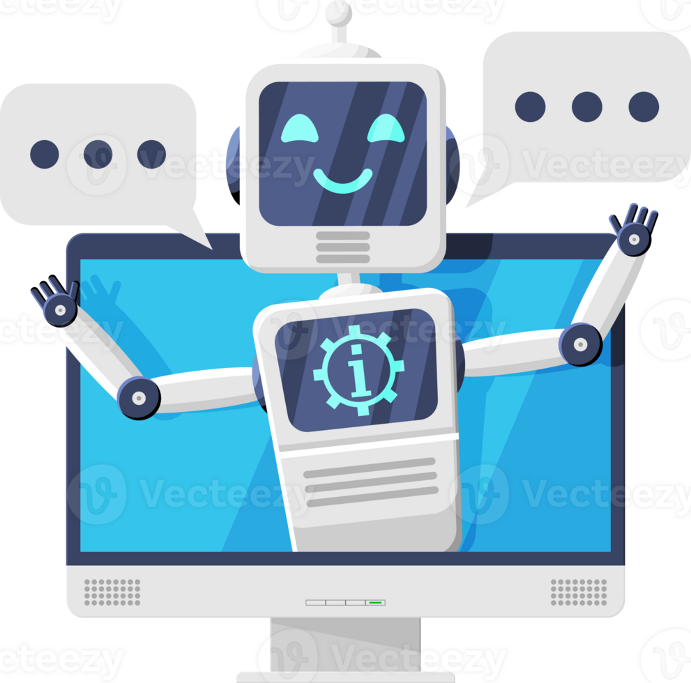 Computer with Chat Bot Speak in Bubble on Screen. png
