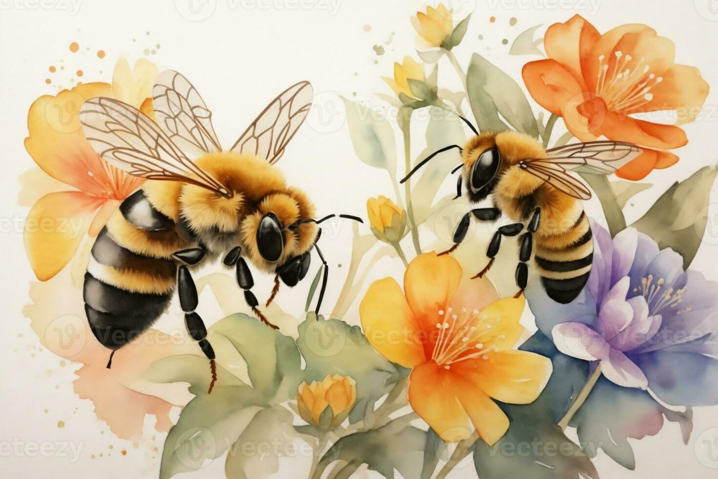 AI generated bee on a flower on a white background watercolor photo