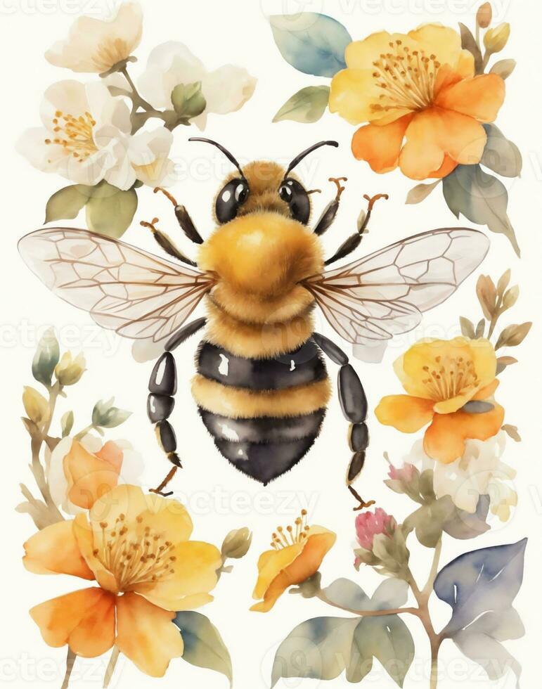 AI generated bee on a flower on a white background watercolor photo