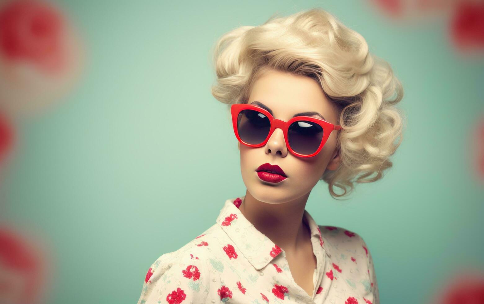 AI generated vintage blonde woman wearing hot pink sunglasses vintage style photo