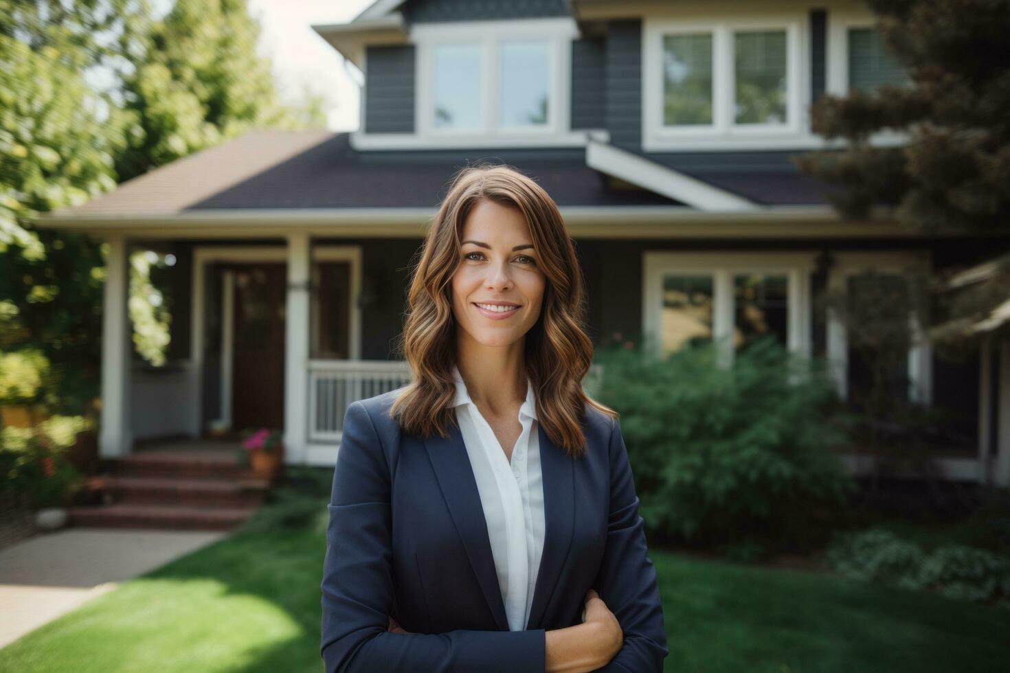 ai generado mujer en negocio traje en pie en frente de casa después firma un contrato foto