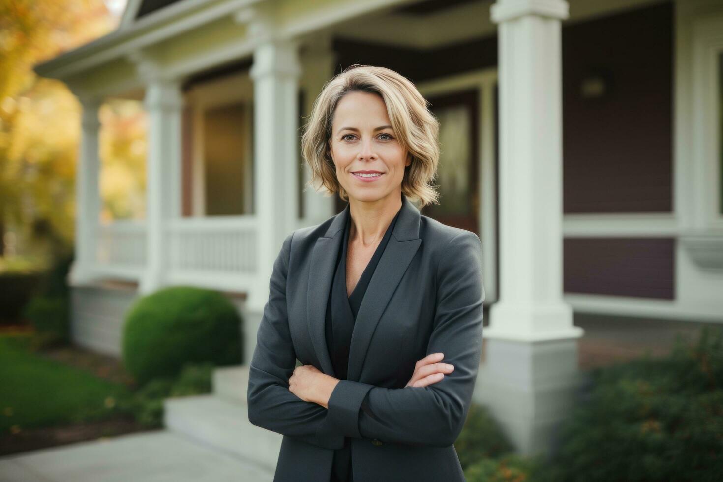 AI generated woman in business suit standing in front of house after signing a contract photo