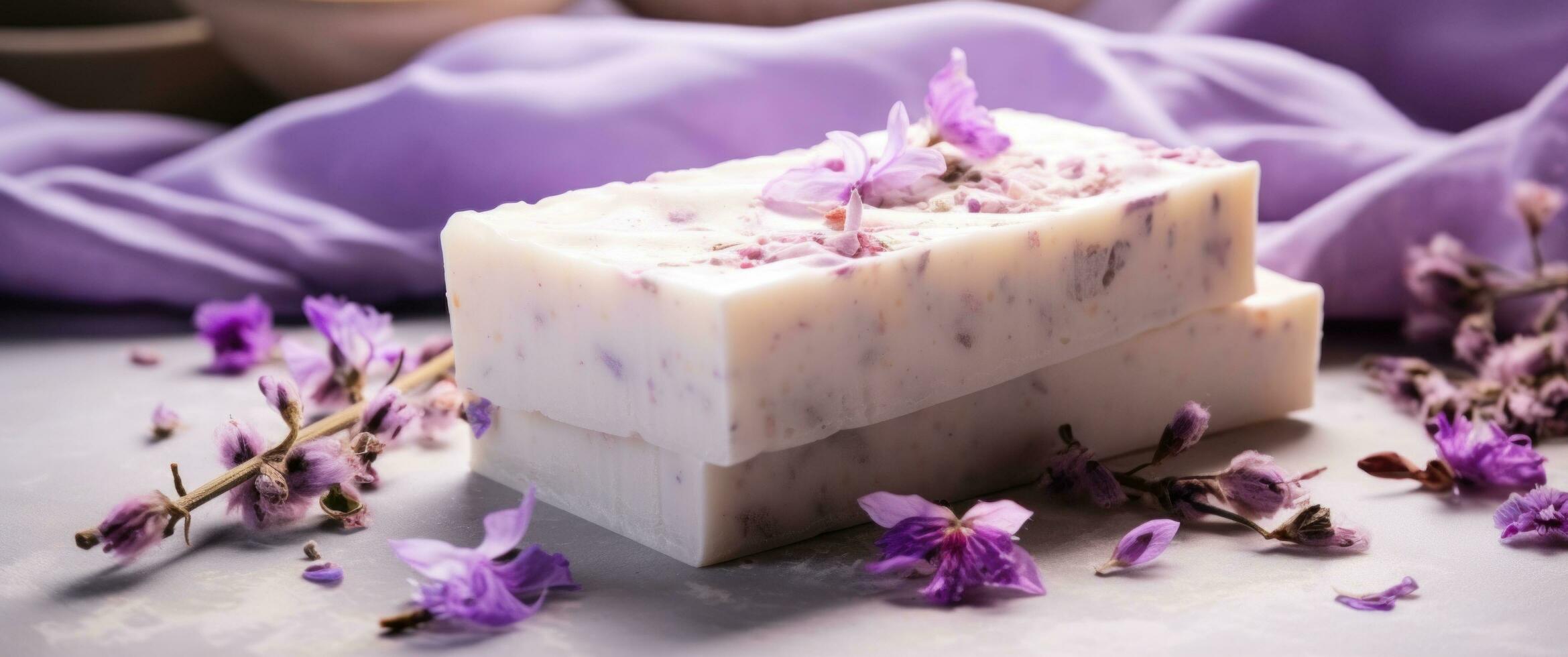 AI generated white soap squares with purple flowers on top photo