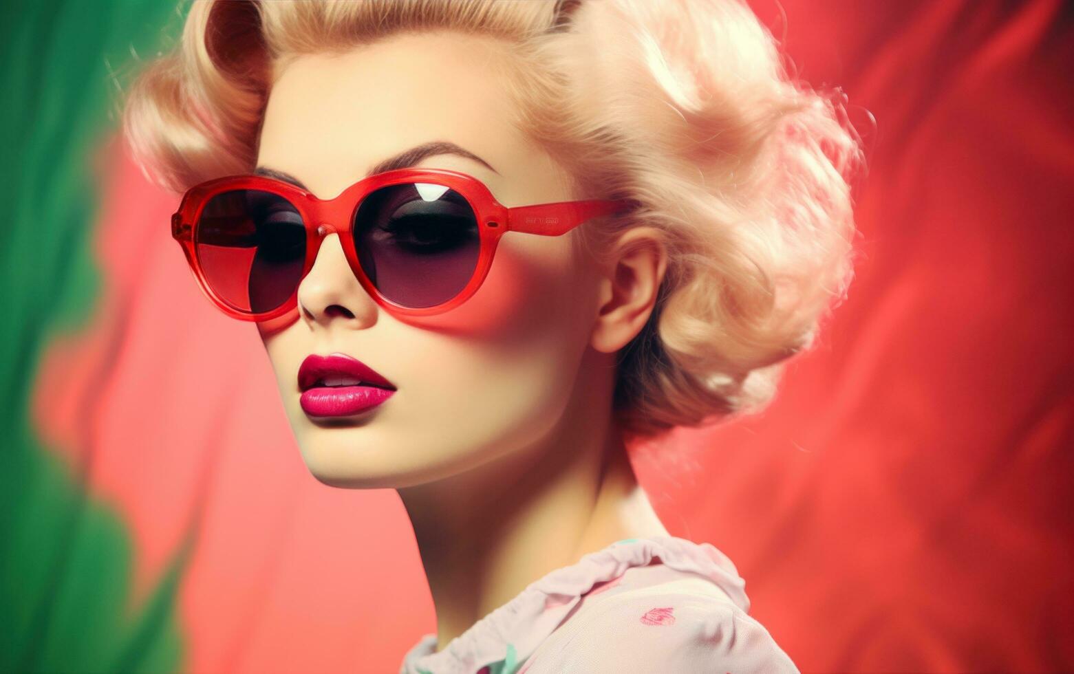 AI generated vintage blonde woman wearing hot pink sunglasses vintage style photo