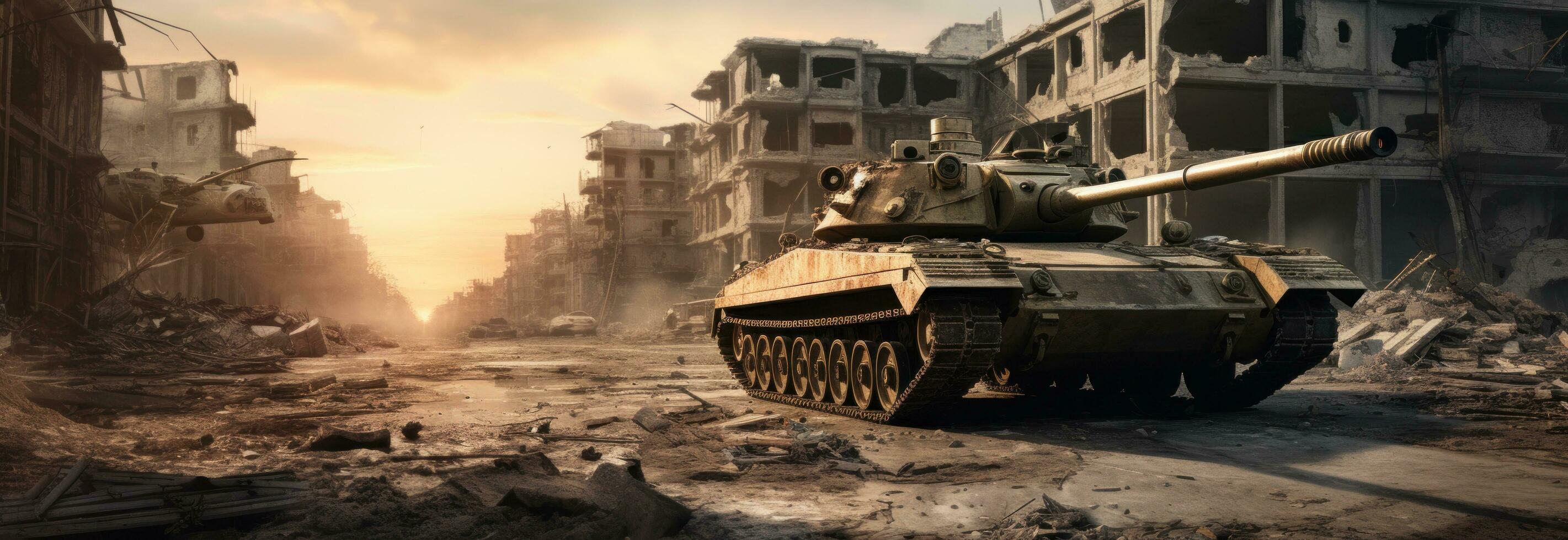 AI generated syrian army tank flying through the city streets photo