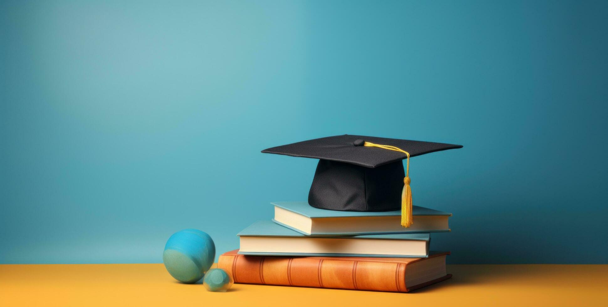 AI generated various books and caps with graduation hat on blue background photo