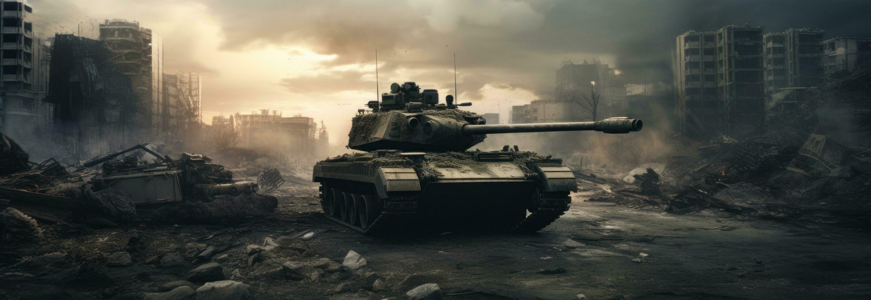 AI generated the tank driving through an apocalyptic city in the background photo