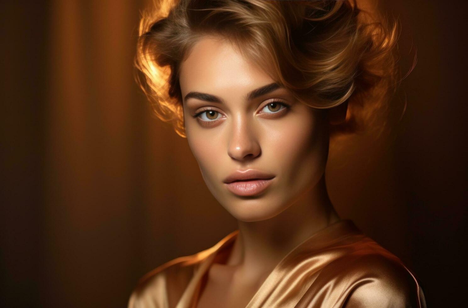 AI generated the face of the woman is on a brown background with the hair up to her face photo