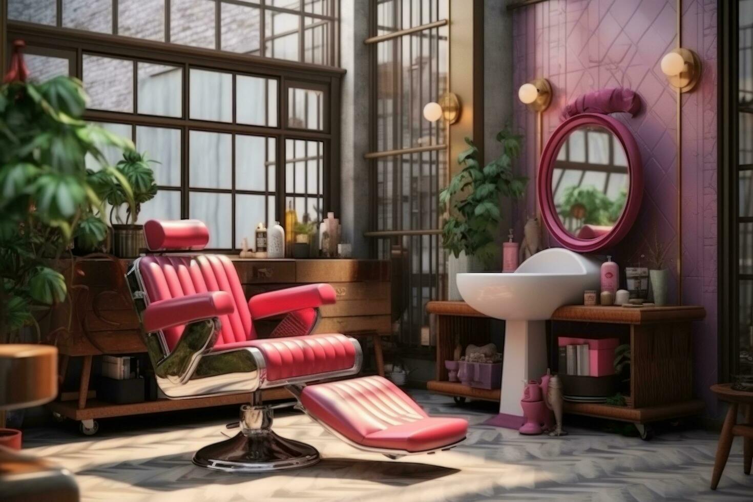 AI generated the hair salon with many tools, with a pink chair and chairs photo