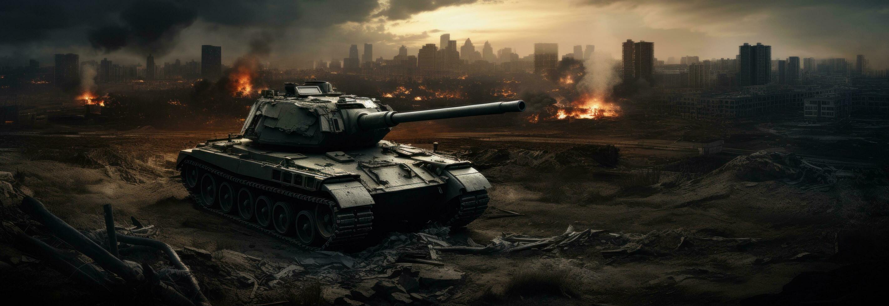 AI generated the tank driving through an apocalyptic city in the background photo