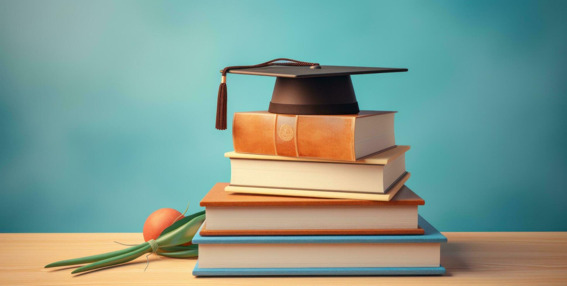 AI generated three books stacked up above graduation cap photo