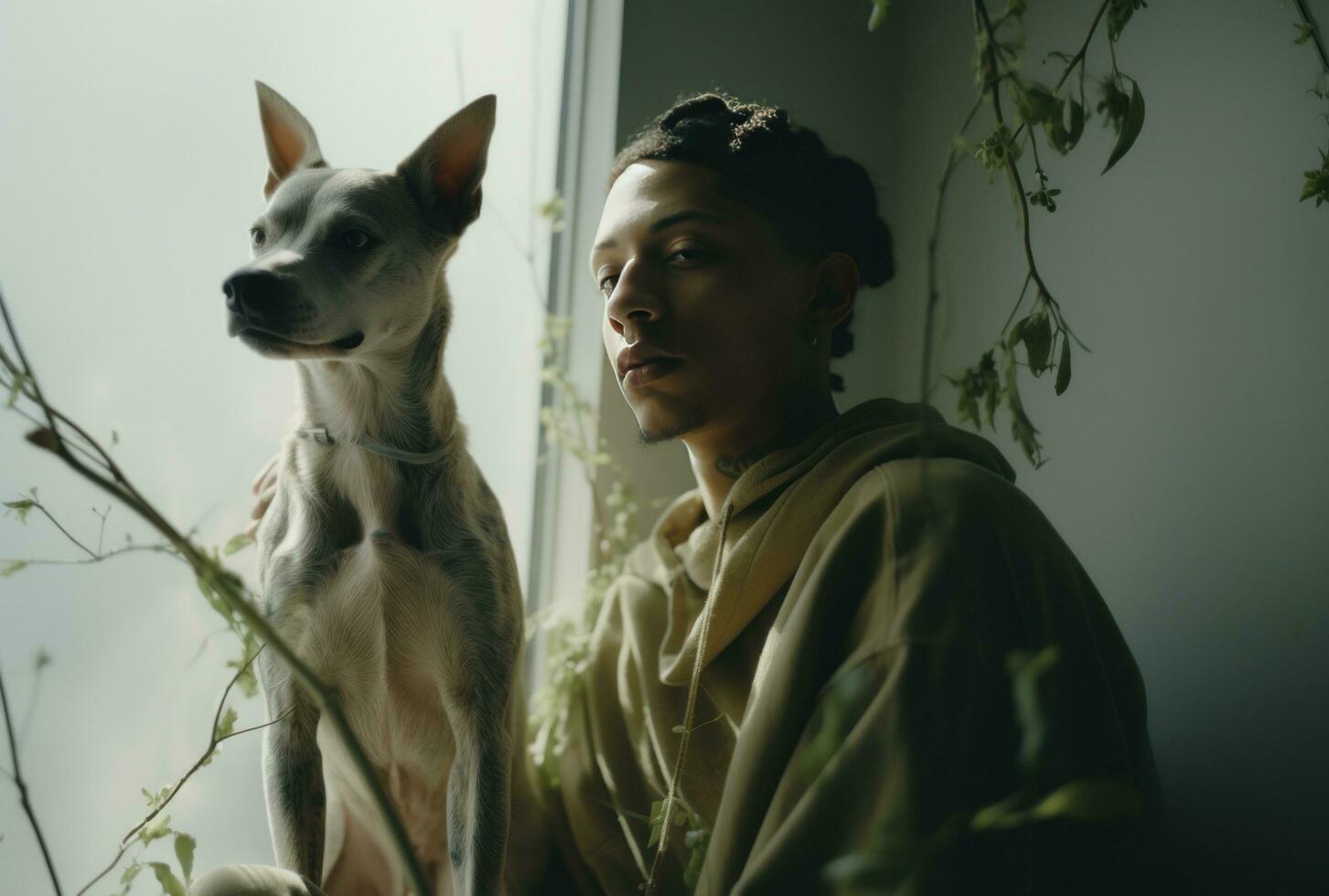 AI generated the man has a dog surrounded by twigs in front of a window, photo