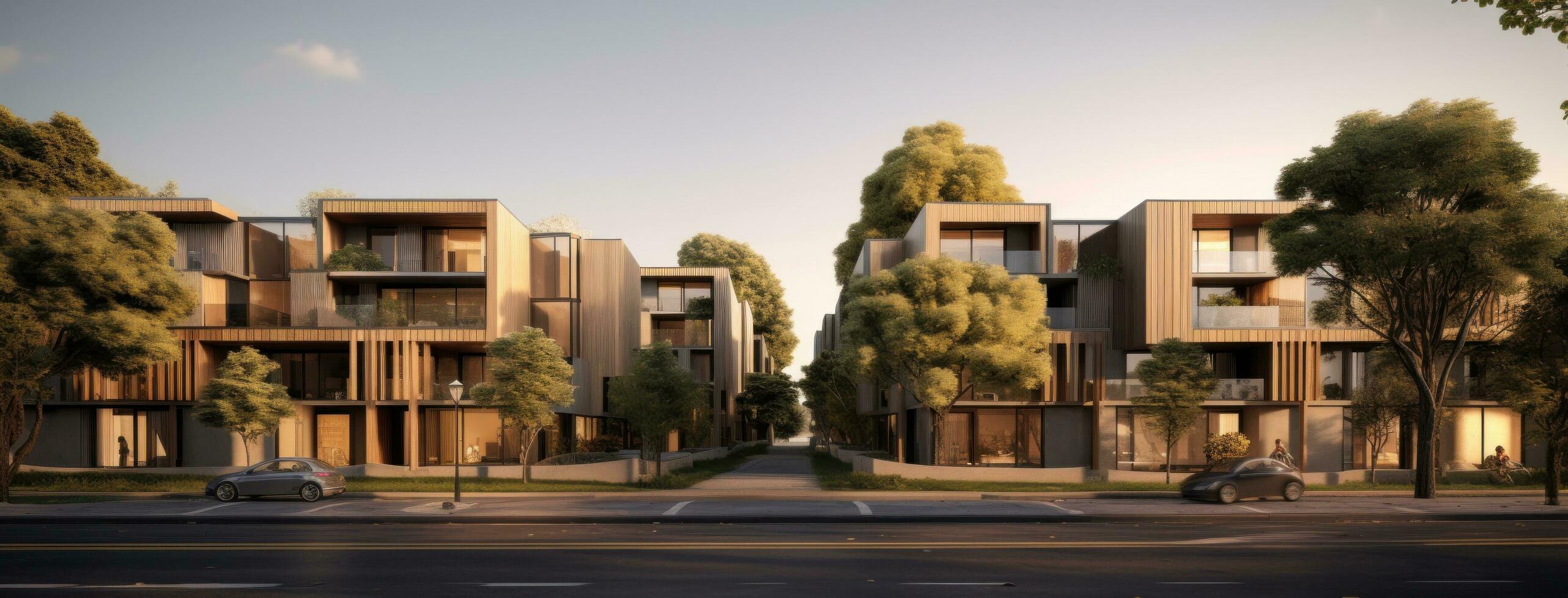 AI generated the urban apartment complex is lined by black buildings and trees photo