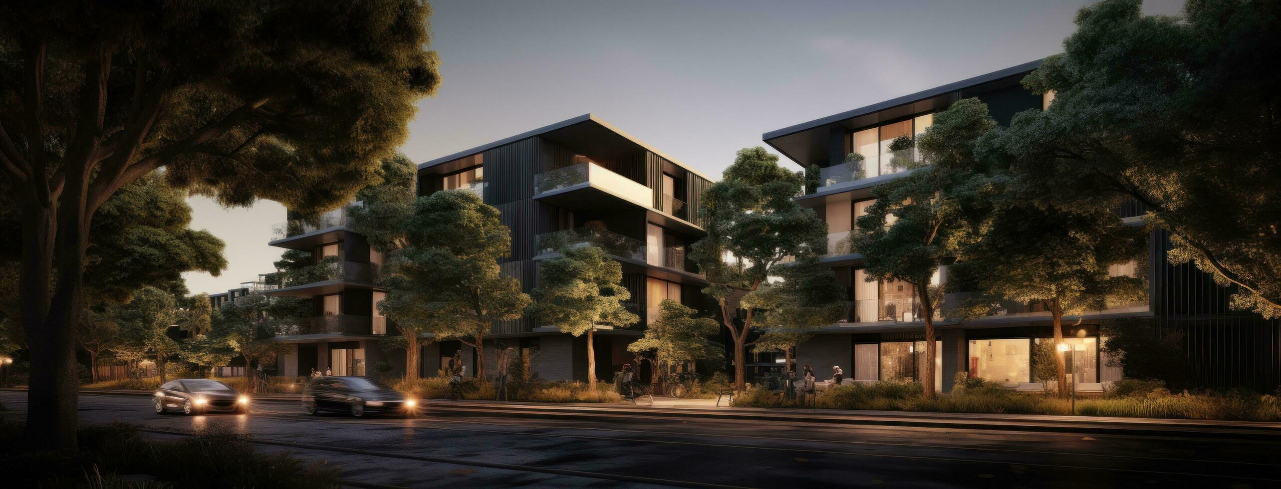 AI generated the urban apartment complex is lined by black buildings and trees photo