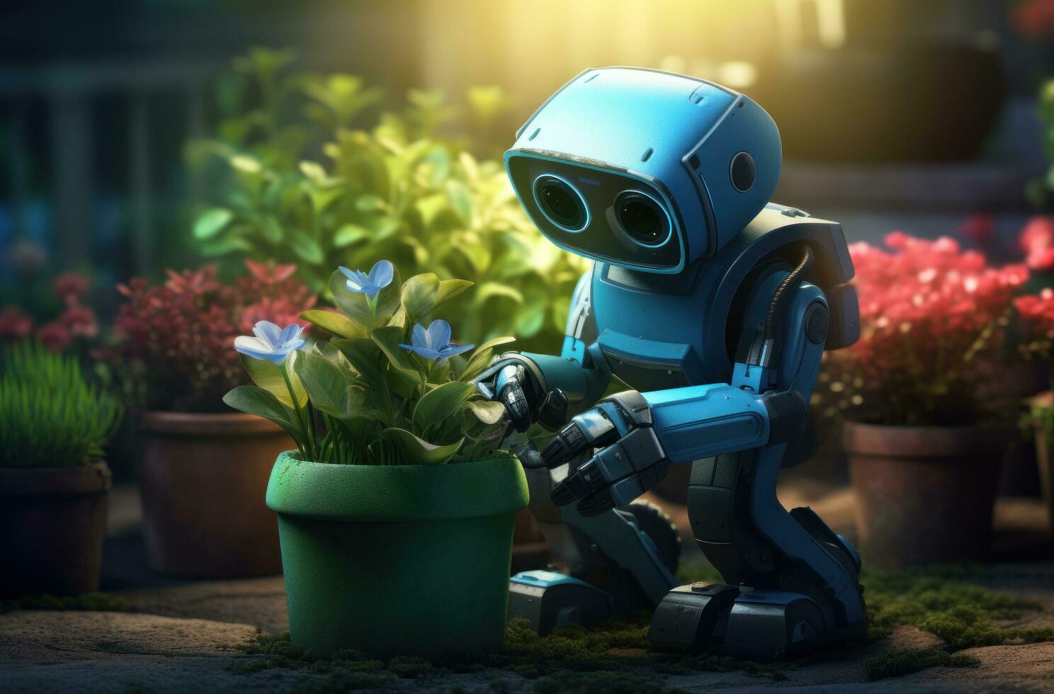 AI generated robotic gardener with a pot of grass photo