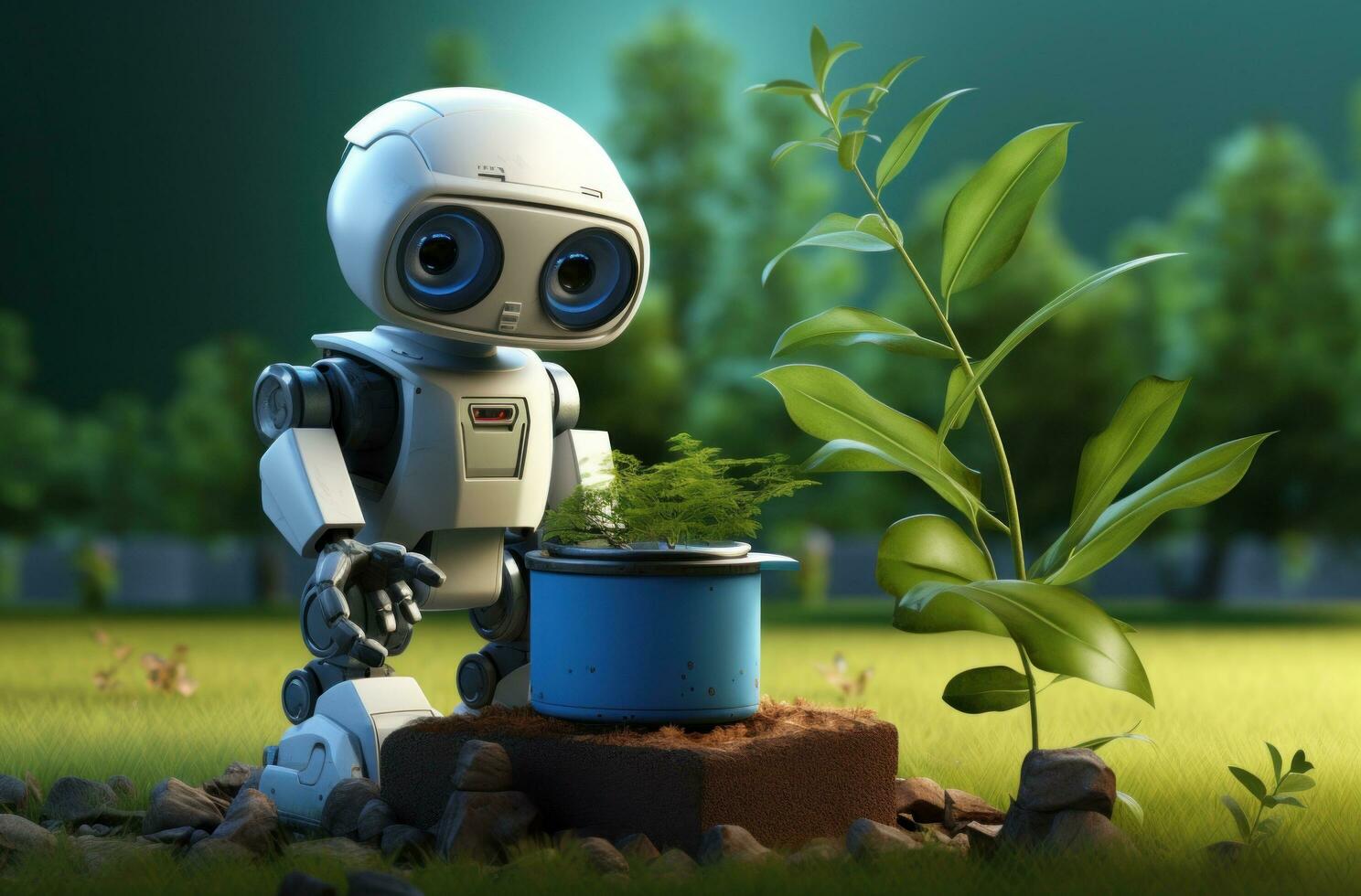 AI generated robotic gardener with a pot of grass photo
