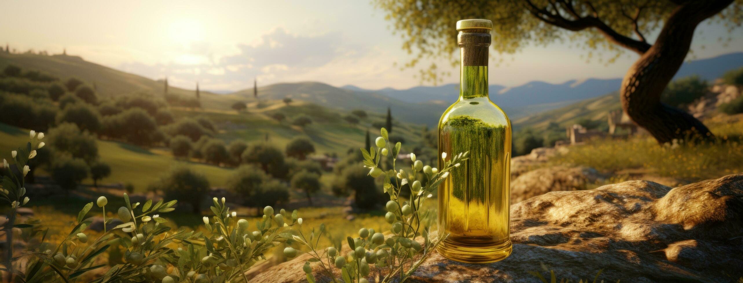 AI generated olive oil and fresh green olives on the green grass photo