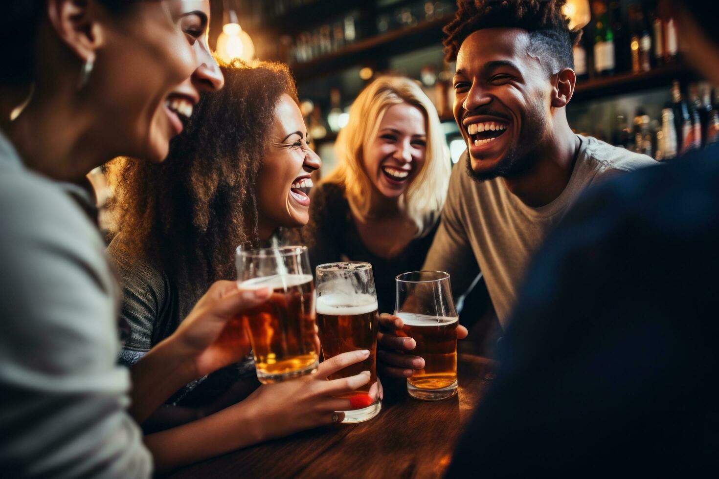 AI generated people laughing while drinking beer in a bar photo