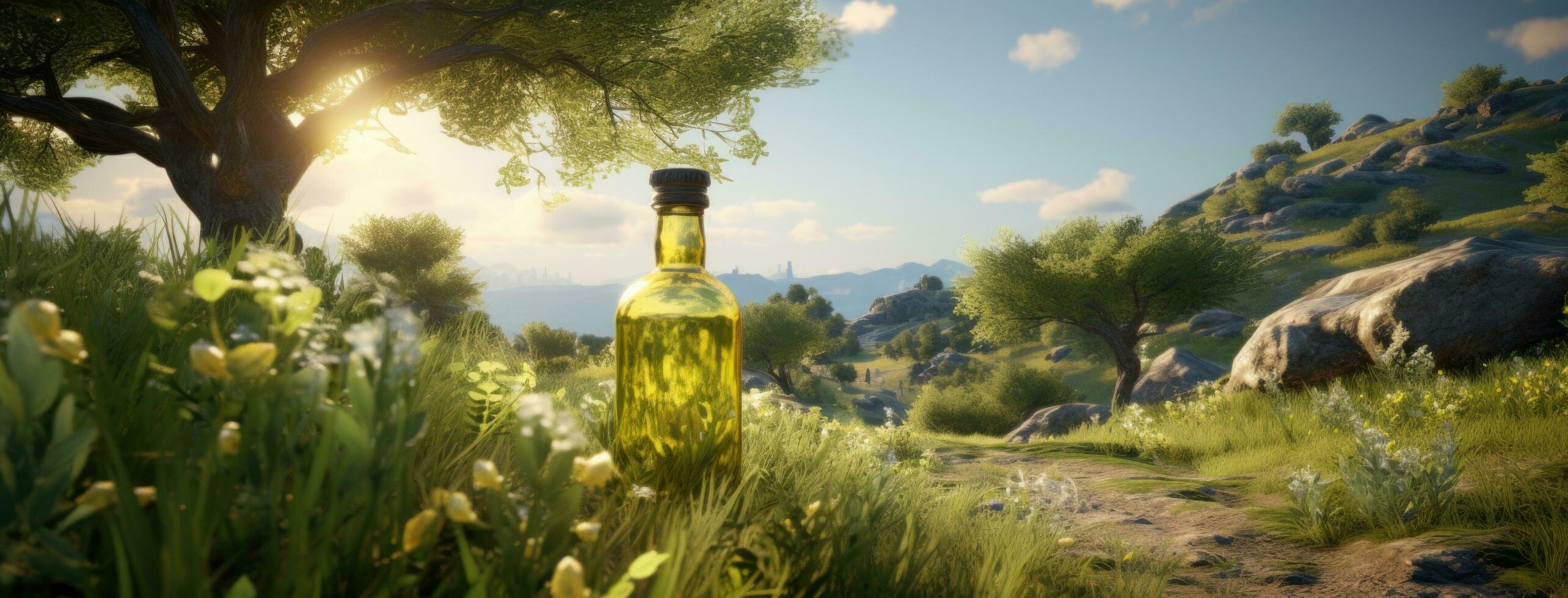 AI generated olive oil and fresh green olives on the green grass photo