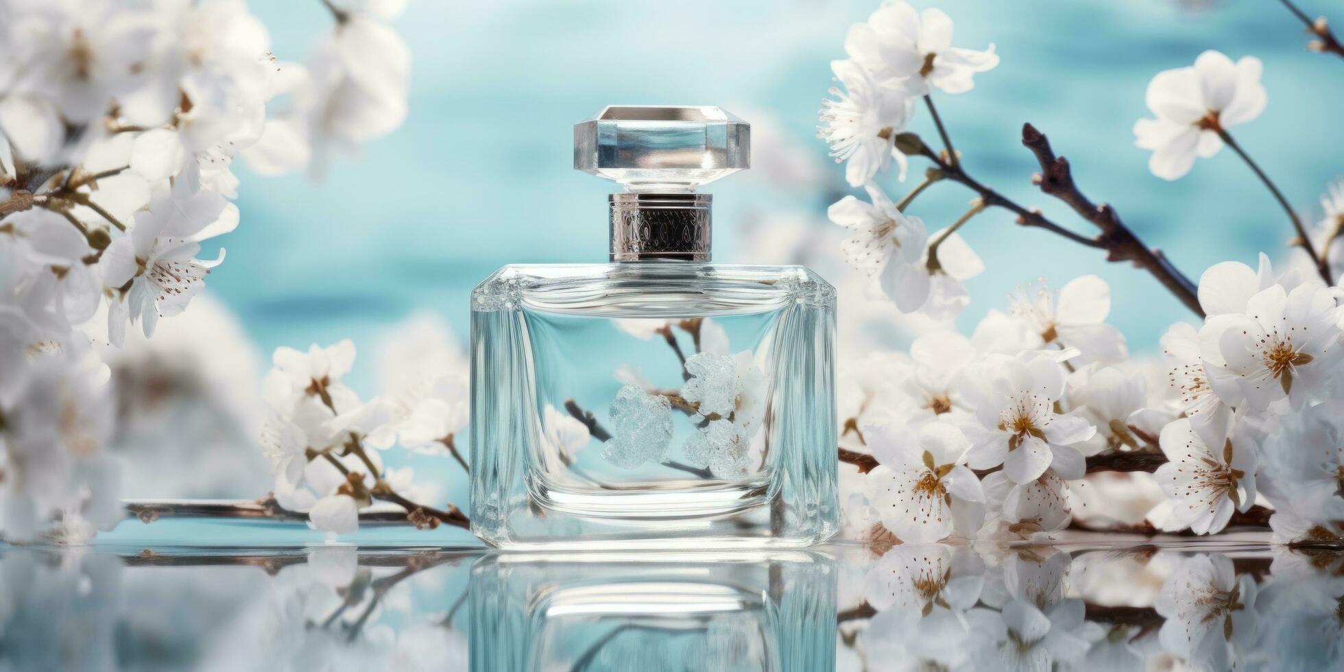 AI generated perfume bottles in the reflection of cherry blossoms surrounded photo