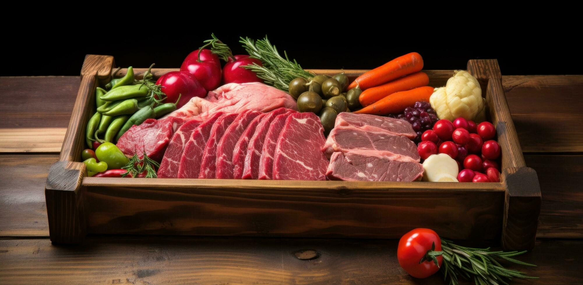 AI generated meat and vegetables in wooden tray photo