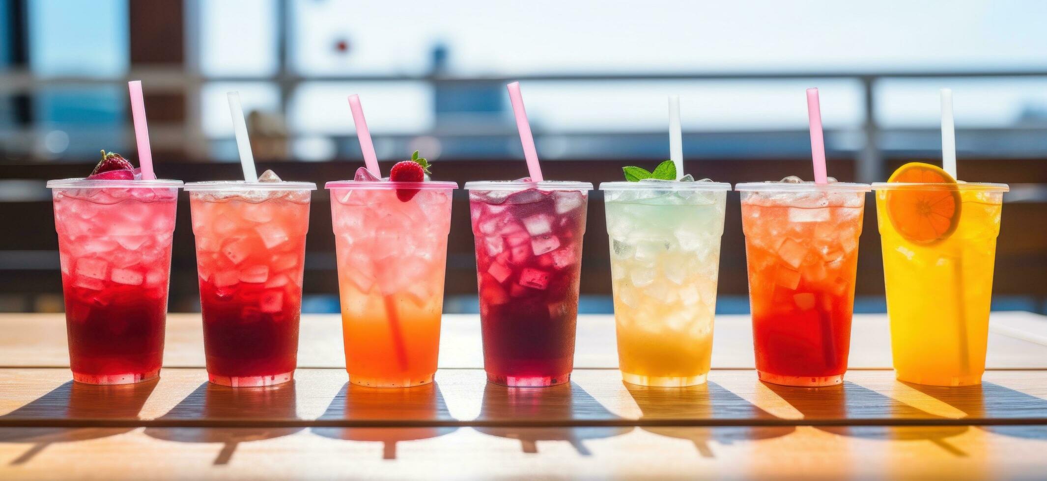 AI generated line up of iced drinks with straws in small cups photo
