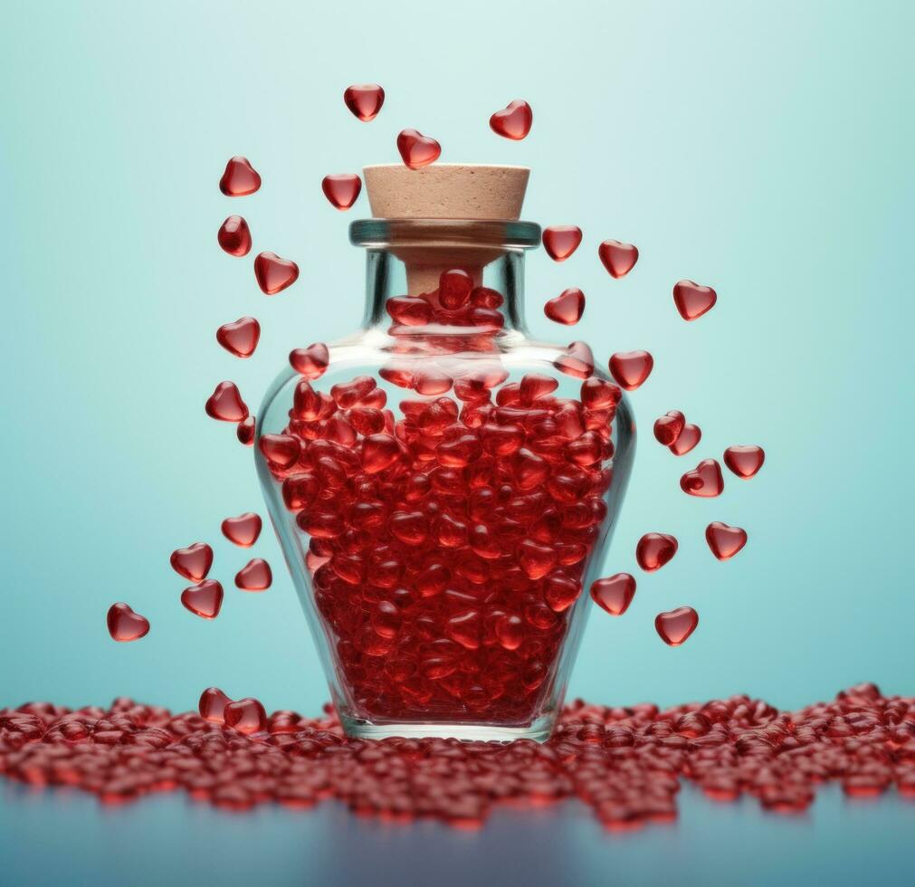 AI generated miniature heart cluster falling from a glass bottle photo